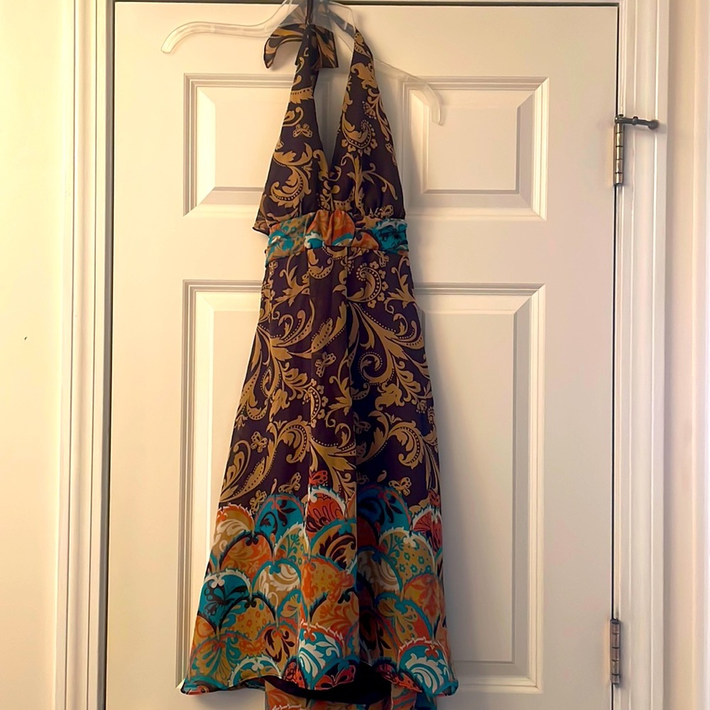 Multicolored halter dress, brown tan cream, aqua, and peach.